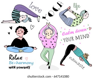 Hand drawn yoga poses. Doodle ladies. Colored vector isolated elements