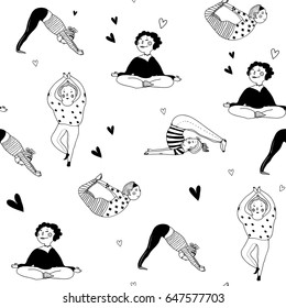 Hand drawn yoga poses. Doodle ladies. Graphic vector seamless pattern