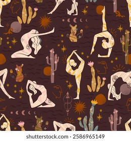 Hand drawn yoga poses seamless pattern, sport background, great for textiles, banners, wallpapers - vector