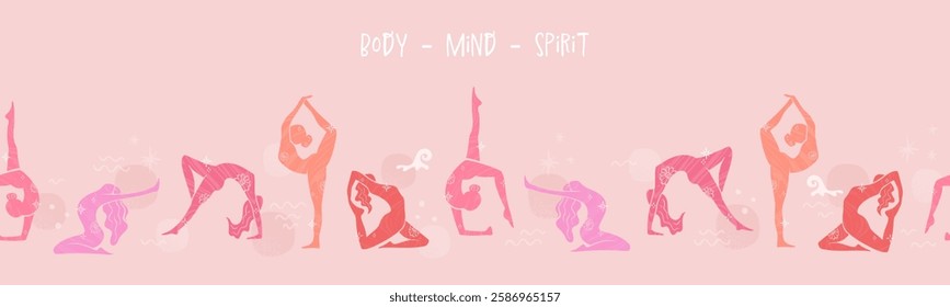 Hand drawn yoga poses seamless pattern, sport background, great for textiles, banners, wallpapers - vector