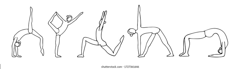 Hand drawn yoga poses set. Doodle yoga poses set. Collection of hand drawn yoga poses. Doodle gymnastics poses set.