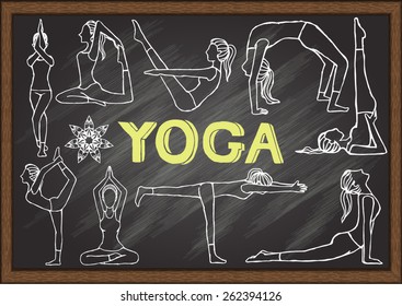 Hand drawn Yoga posses on chalkboard.