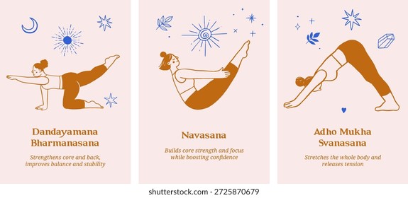 Carteles de yoga dibujados a mano con mujeres en poses de yoga. Mínimas Ilustraciones vectoriales que demuestren las poses de la mesa de equilibrio, el bote y el perro hacia abajo