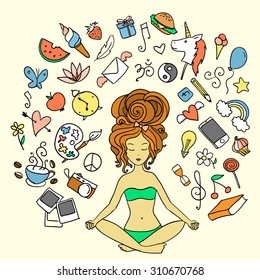 Hand drawn yoga set. Lady meditation.