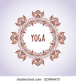 Hand drawn yoga style frame on a teal background with a place for your text. Circle Boho wreath for invitations, save the date or wedding card design. Yoga Meditation Logo Graphic. Vector illustration