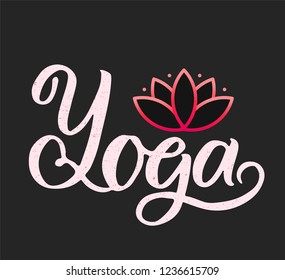 Hand drawn yoga text with a illustration of lotus flower, icon, logo, label template.