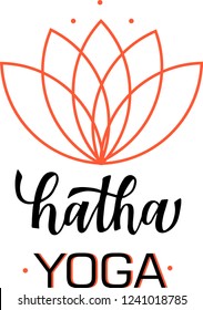 Hand drawn yoga text with a illustration of lotus flower, icon, logo, label template.