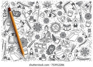 Hand drawn Yoga vector doodle set background