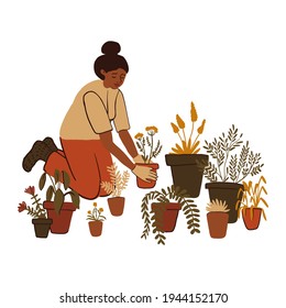 Hand drawn young african girl plants flowers in pots. Cute black woman transplants plants, doing gardening, preparation to spring. Home hobby, relaxation concept. Vector illustration