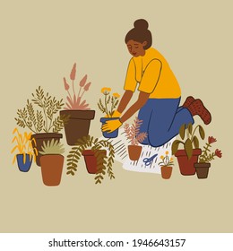 Hand Drawn Young African Girl Plants Flowers In Pots. Cute Black Woman Transplants Plants, Doing Gardening, Preparation To Spring. Home Hobby, Relaxation Concept. Vector Illustration