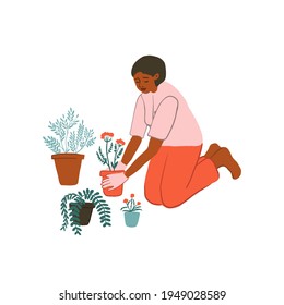 Hand drawn young african girl plants flowers in pots. Cute black woman transplants plants, doing gardening, preparation to spring. Home hobby, relaxation concept. Vector illustration
