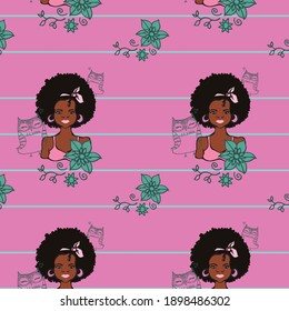 Hand dibujó a una joven y hermosa mujer negra con flores y búhos. Β colores correctos en el fondo. dibujo de líneas para búhos. Patrón sin foco. Tonos rosas y verdes. 