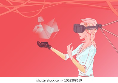 Hand drawn young beautiful woman with long hair wearing VR glasses and watches at the 3D projection in front of her, on red background with wires around
