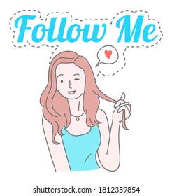 Hand drawn young blogger girl, winks, teasing her hair. Brown-haired girl in mint T-shirt, necklace on her neck, cloud with heart inside. Follow me slogan. Coquettish young streamer promotes herself