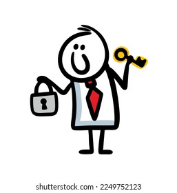 Hand drawn  young businessman in an office suit holds a golden key and lock in his hand. Vector illustration a man has found a solution to the problem.