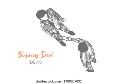 Hand drawn of young businessmen partner congratulate their achievement for reaching company goal, from top view. Business deal sketch concept. Isolated vector illustration design with white background