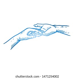 Hand drawn of young couple lover holding hand each other. Romantic hands gesture sketch concept vector illustration. Isolated design with white background