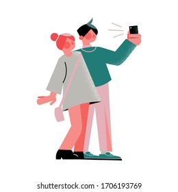 Joven pareja dibujada a mano haciendo selfie en ilustración de un vector de smartphone
