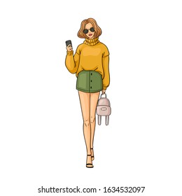 Hand drawn young fashion woman in beautiful look. Sketch drawing cute girl hipster, trendsetter or influencer with stylish outfit, dressed in trendy clothes. Vector illustration.