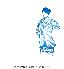 Hand drawn of young happy business woman pose standing and giving thumbs up gesture. Success business people performance sketch concept vector illustration. Isolated design with white background