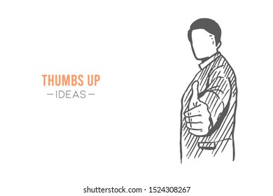Hand drawn of young happy businessman pose standing and giving thumbs up gesture. Success business performance sketch concept vector illustration. Isolated design with white background