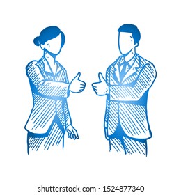 Hand drawn of young happy businessman and businesswoman giving thumbs up gesture. Success business performance appraisal sketch concept vector illustration. Isolated design with white background