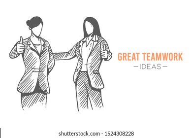 Hand drawn of young happy businesswomen standing and giving thumbs up gesture. Great business teamwork performance sketch concept vector illustration. Isolated design with white background