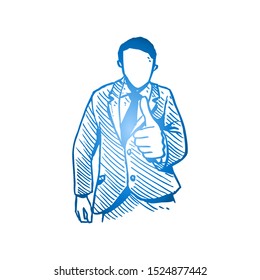 Hand drawn of young happy male manager giving thumbs up gesture. Great business presentation sketch concept vector illustration. Isolated design with white background