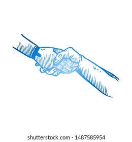 Hand drawn of young happy man giving handshake to cyborg robot machine palm hands. Business technology deal sketch concept. Isolated vector illustration design with white background