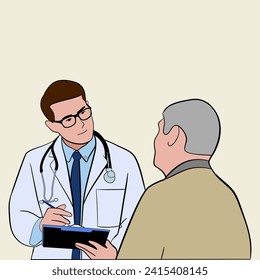 Hand drawn a young male doctor going through medical records with his senior male patient.