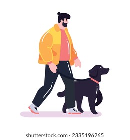 Hand Drawn young man with dog in flat style isolated on background