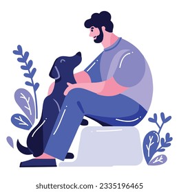 Hand Drawn young man with dog in flat style isolated on background