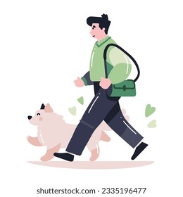 Hand Drawn young man with dog in flat style isolated on background