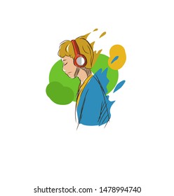 Hand drawn of young man listning music by headphone