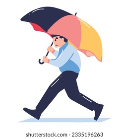 Hand Drawn young man walking with umbrella in flat style isolated on background