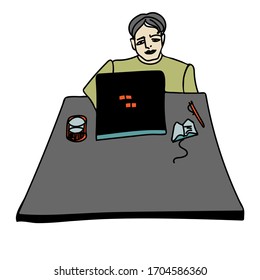 Un joven dibujado a mano está trabajando en casa, sentado cerca de su laptop, ratón de computadora y vaso de agua. Cuarentena de Coronavirus, freelance, teletrabajo. Ilustración vectorial en estilo caricatura.