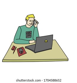Hand drawn young man is working at home, sitting near his laptop, computer mouse on it. Coronavirus quarantine, freelance, telework. Vector stock illustration in cartoon style.