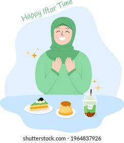 Hand drawn young muslim women Iftar time of Ramadan with dessert cake slice pudding bubble tea vector design illustration