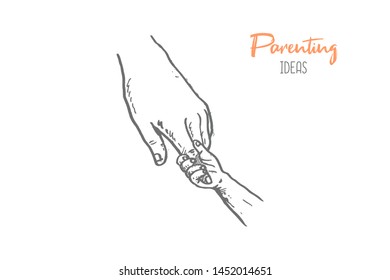 Hand drawn of young parent help assisting their children holding the fingers. Parenting affection hands gesture sketch concept vector illustration. Isolated design with white background. 