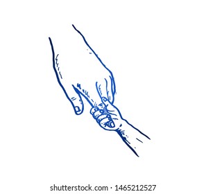Hand drawn of young parent help assisting their children holding the fingers. Parenting affection hands gesture sketch concept vector illustration. Isolated design with white background
