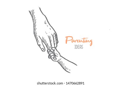 Hand drawn of young parent help assisting their children holding the fingers. Parenting affection hands gesture sketch concept vector illustration. Isolated design with white background