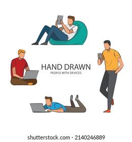 hand drawn young people using technological devices illustration