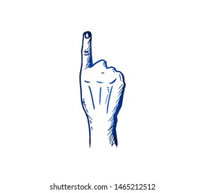 Hand drawn of young person appointing his index finger up in the air. Hands gesture sketch concept vector illustration. Isolated design with white background