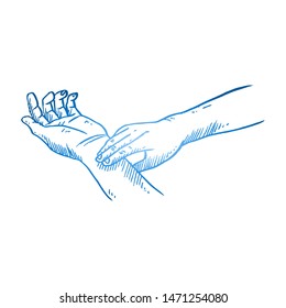 Hand drawn of young person checking pulse heartbeat to monitor the health. Healthy life hands gesture sketch concept vector illustration. Isolated design with white background