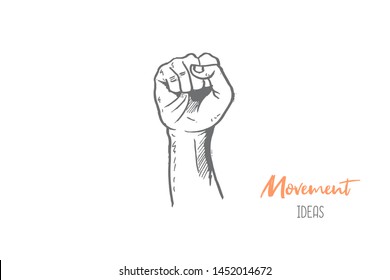 Hand drawn of young person fist hand to express struggle, revolution, fight, battle, spirit. Warrior fighter hands gesture sketch concept vector illustration. Isolated design with white background. 