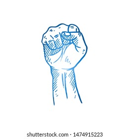 Hand drawn of young person fist hand to express struggle. Warrior fighter hands gesture sketch concept vector illustration. Isolated design with white background