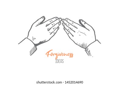 Hand drawn of young person forgiving each other on eid al fitr day. Eid mubarak forgiveness hands gesture sketch concept vector illustration. Isolated design with white background. 