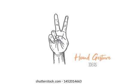 Hand drawn of young person forming victory, peace, number two finger shape. V hands gesture sketch concept vector illustration. Isolated design with white background. 