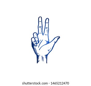 Hand drawn of young person forming number three shape. Hands gesture sketch concept vector illustration. Isolated design with white background