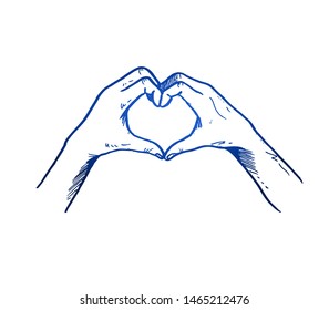 Hand drawn of young person forming love heart shape using fingers. Romantic hands gesture sketch concept vector illustration. Isolated design with white background